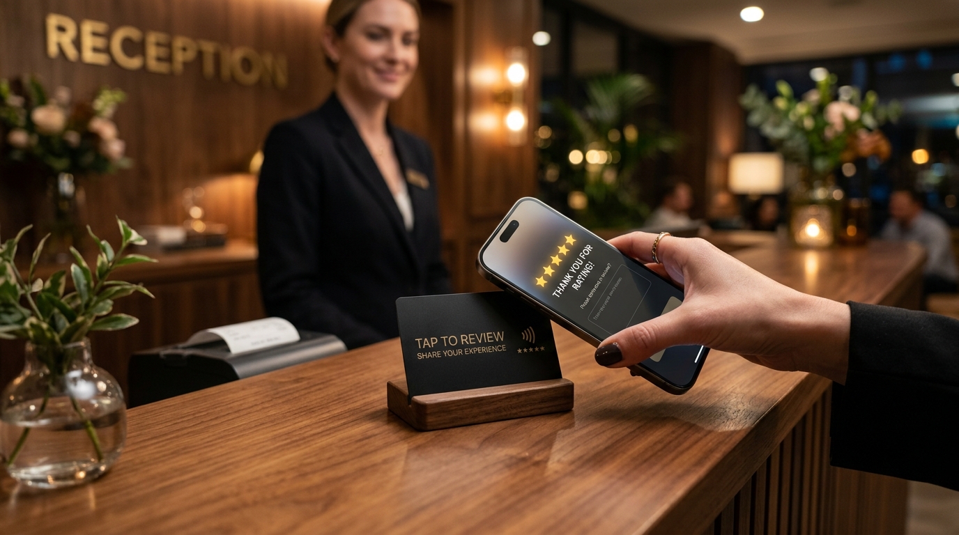 Customer tapping smartphone on StarShield countertop plaque at checkout